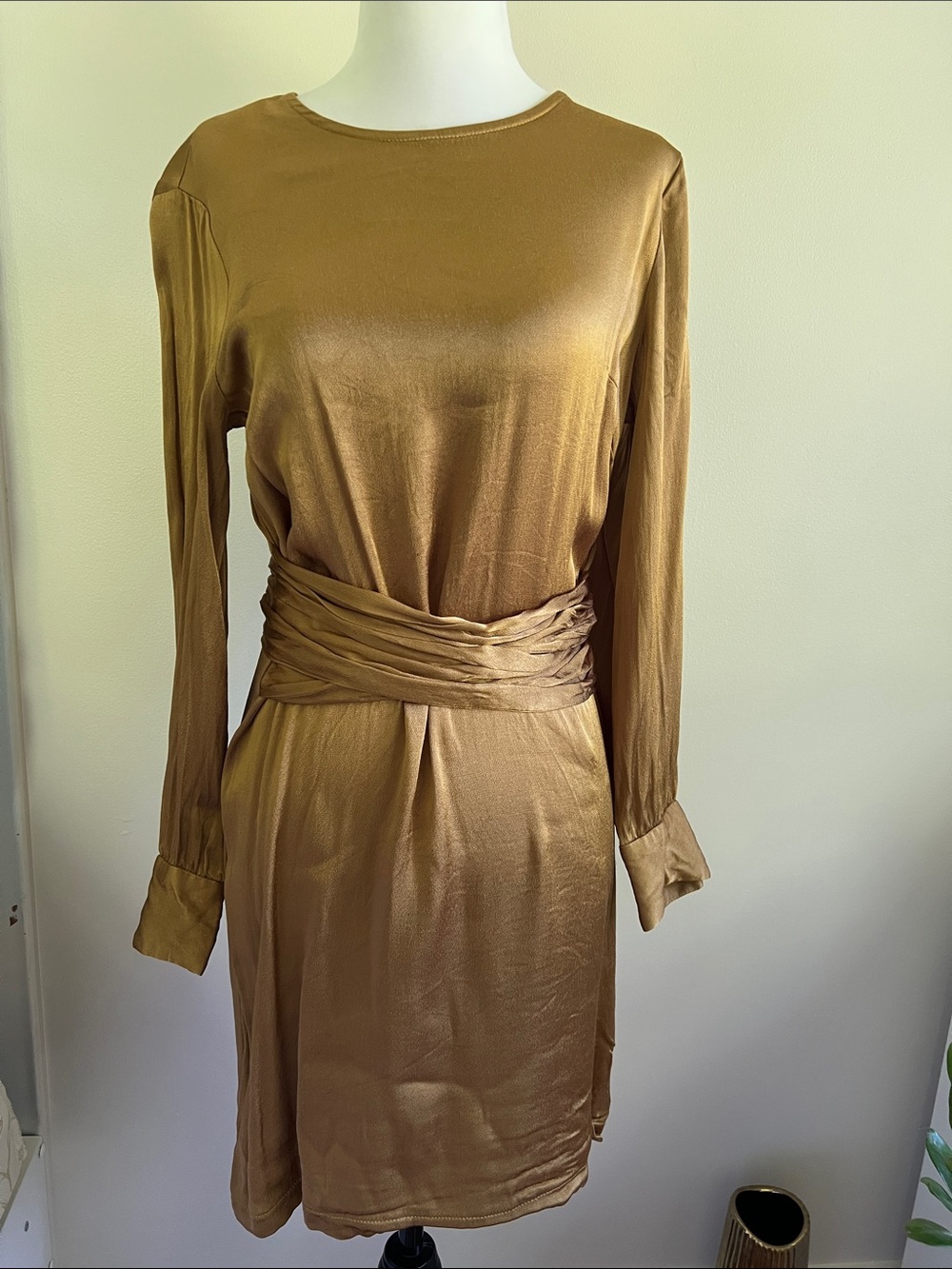 Dynamite • Women’s S • Metallic Gold • Long-Sleeve Wrap Waist Dress - Picture 5 of 7